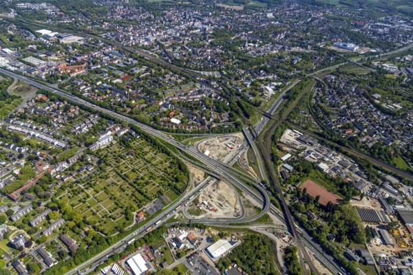 Aerial view, construction site due to A43 extension, motorway junction Herne, motorway A42, motorway A43, Herne, Ruhr area, North Rhine-Westphalia, Germany, motorway, motorway bridge, motorway junction, DE, Europe, aerial view, aerial photography, aerial photography, overview, bird's-eye view, overview