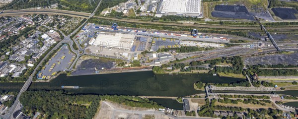 Aerial view, commercial area Am Westhafen, CTH Container Terminal Herne GmbH, Müller - Die lila Logistik AG, ALDI warehouse, Rhine-Herne Canal, Alte Schleuse Wanne-Eickel, Herne, Ruhr area, North Rhine-Westphalia, Germany, Cranger Kirmes area, DE, Europe, commercial enterprises, commercial area, commercial park, commercial location, commercial use, freight traffic, industrial plants, industrial area, industrial site, canal level, logistics, logistics service, logistics service provider, logistics provider, aerial view, aerial photography, aerial photography, Rhine-Ruhr metropolitan region, sight, transport, overview, bird's-eye view, overview