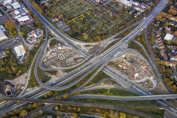 Aerial view of the motorway construction site motorway junction Herne, motorway A42 and A43, major construction site, Baukau, Herne, Ruhr area, North Rhine-Westphalia, Germany, DE, Europe, aerial photo, birds-eyes view, aerial photograph, aerial photography, aerial photography, overview, bird's eye view, traffic infrastructure, dilapidated bridges, tangent, road tunnel, motorway tunnel