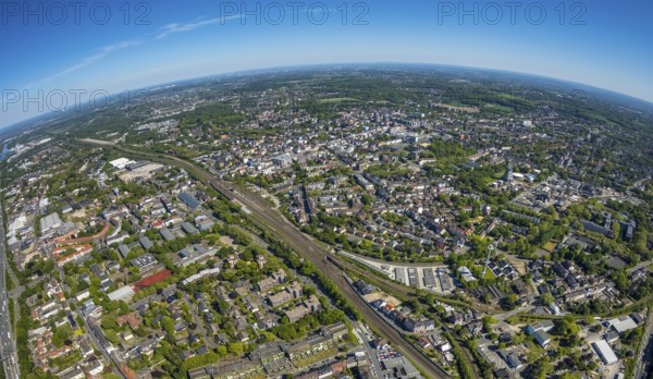 Aerial view, townscape with fisheye lens, goods station, overview, centre-west, Herne, Ruhr area, North Rhine-Westphalia, Germany, City, DE, Europe, fisheye lens, aerial view, aerial photography, aerial photography, townscape, city area, super wide angle lens, bird's eye view, bird's eye view, overview