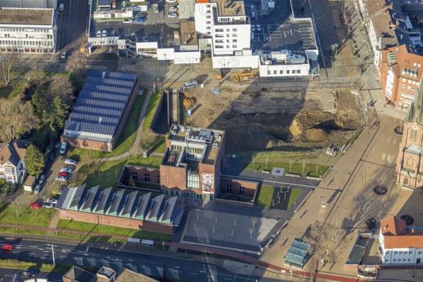 Aerial view, new construction site Europagarten, Europaplatz, LWL-Museum für Archäologie, Herne-Mitte, Herne, Ruhr area, North Rhine-Westphalia, Germany, construction work, building, construction area, building site, building plots, construction project, construction site, DE, Europe, aerial view, aerial photography, aerial photography, Rhine-Ruhr metropolitan region, museum, religion, overview, bird's eye view, overview