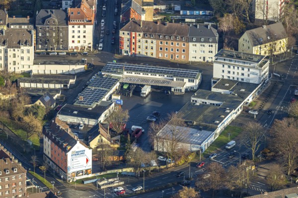 Aerial photo, Reifen Stiebling company premises, Herne-Mitte, Herne, Ruhr area, North Rhine-Westphalia, Germany, DE, Europe, commercial enterprises, commercial area, commercial area, commercial location, commercial use, aerial view, aerial photography, aerial photography, photovoltaic, photovoltaic system, solar, solar system, solar energy, solar energy, overview, bird's-eye view, bird's-eye view, overview