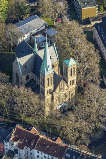 Aerial view, Herz-Jesu-Kirche, Herne-Mitte, Herne, Ruhr area, North Rhine-Westphalia, Germany, place of worship, DE, Europe, religious community, place of worship, holy place, church, parish, denomination, aerial photograph, aerial photography, aerial photography, religion, religious site, overview, bird's-eye view, overview