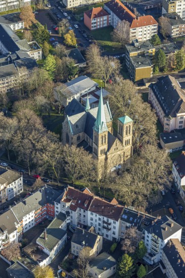Aerial view, Herz-Jesu-Kirche, Herne-Mitte, Herne, Ruhr area, North Rhine-Westphalia, Germany, place of worship, DE, Europe, religious community, place of worship, holy place, church, parish, denomination, aerial photograph, aerial photography, aerial photography, religion, religious site, overview, bird's-eye view, overview