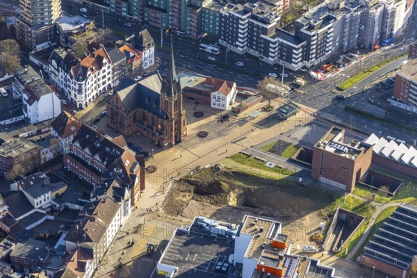 Aerial view, new construction site Europagarten, Europaplatz, Kreuzkirche, Herne-Mitte, Herne, Ruhr area, North Rhine-Westphalia, Germany, place of worship, construction work, building, construction area, building site, building plots, construction project, construction site, DE, Europe, religious community, place of worship, holy place, church, parish, denomination, aerial view, aerial photography, aerial photography, Rhine-Ruhr metropolitan region, religion, religious site, overview, bird's-eye view, overview