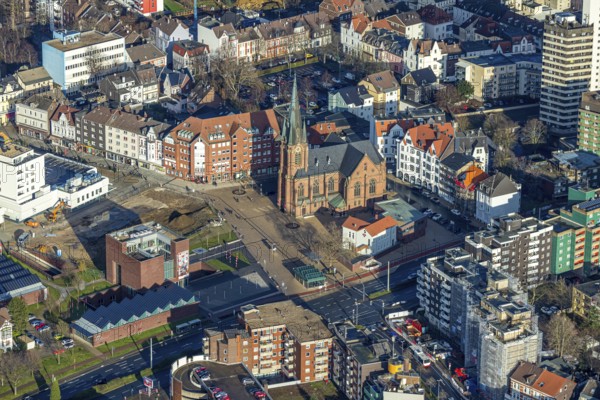 Aerial view, new construction Europagarten, Europaplatz, Kreuzkirche, LWL-Museum für Archäologie, Herne-Mitte, Herne, Ruhr area, North Rhine-Westphalia, Germany, place of worship, construction work, building, construction area, building site, building plots, construction project, construction project, construction site, DE, Europe, religious community, place of worship, church, parish, denomination, aerial view, aerial photography, aerial photography, Rhine-Ruhr metropolitan region, museum, religion, overview, bird's-eye view, overview
