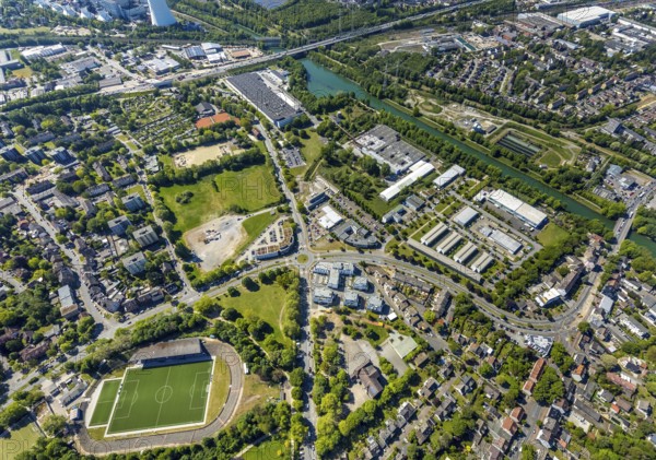 Aerial view, industrial area Westring, real-Arena football stadium Westfalia Herne 04, Seniorcampus Herne - Protea wohnen am Schloss, Rhine-Herne-Canal, Herne, Ruhr area, North Rhine-Westphalia, Germany, arena, construction site, DE, Europe, river Emscher, football pitch, football stadium, football club, roundabout, aerial view, aerial photography, aerial photography, sports facilities, sports field, sports venue, stadium, overview, bird's eye view, birds-eyes view, overview