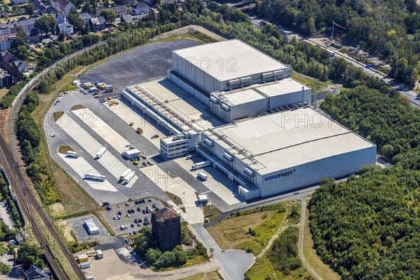 Aerial view, Nordfrost logistics centre, Former colliery Unser Fritz, shaft 1 Malakowturm, Herne, Ruhr area, North Rhine-Westphalia, Germany, Am Malakowturm, premises, DE, Europe, freight transport, logistics, logistics service, logistics centre, aerial view, aerial photography, aerial photography, Rhine-Ruhr metropolitan region, freight forwarding, deep-freeze logistics centre, transport, transport service, overview, bird's-eye view, overview