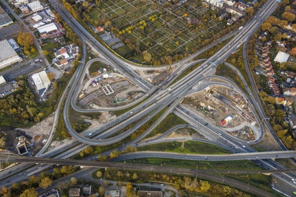 Aerial view of the motorway construction site motorway junction Herne, motorway A42 and A43, major construction site, Baukau, Herne, Ruhr area, North Rhine-Westphalia, Germany, DE, Europe, aerial photo, birds-eyes view, aerial photograph, aerial photography, aerial photography, overview, bird's eye view, traffic infrastructure, dilapidated bridges, tangent, road tunnel, motorway tunnel