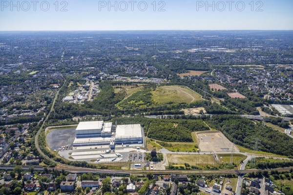 Aerial view, Nordfrost logistics centre, Former colliery Unser Fritz, shaft 1 Malakowturm, Herne, Ruhr area, North Rhine-Westphalia, Germany, Am Malakowturm, premises, DE, Europe, freight transport, logistics, logistics service, logistics centre, aerial view, aerial photography, aerial photography, Rhine-Ruhr metropolitan region, freight forwarding, deep-freeze logistics centre, transport, transport service, overview, bird's-eye view, overview