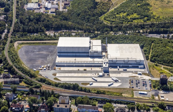 Aerial view, Nordfrost logistics centre, Former colliery Unser Fritz, shaft 1 Malakowturm, Herne, Ruhr area, North Rhine-Westphalia, Germany, Am Malakowturm, premises, DE, Europe, freight transport, logistics, logistics service, logistics centre, aerial view, aerial photography, aerial photography, Rhine-Ruhr metropolitan region, freight forwarding, deep-freeze logistics centre, transport, transport service, overview, bird's-eye view, overview