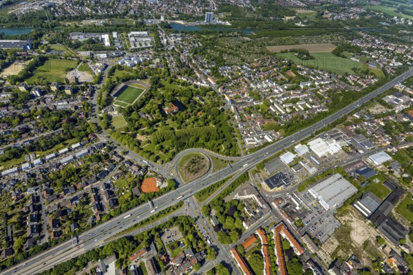 Aerial view, motorway A42, motorway junction Herne-Baukau, SchlossPark and Schloss Strünkede, real-Arena football stadium Westfalia Herne 04, Herne, Ruhr area, North Rhine-Westphalia, Germany, arena, motorway junction, DE, Europe, football pitch, football stadium, football club, aerial view, aerial photography, aerial photography, sports facilities, sports field, sports venue, stadium, overview, bird's-eye view, overview