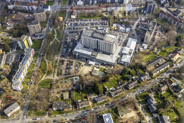 Aerial view, Rebuilt / modernised hospital Marienhospital Herne, hospital of the Ruhr-University Bochum, extension by 2 floors, Herne, Ruhr area, North Rhine-Westphalia, Germany, DE, Europe, birds-eyes, view, aerial view, aerial photography, aerial photography, overview, overview, bird's eye view, health, care, doctors, medicine, surgery, therapy