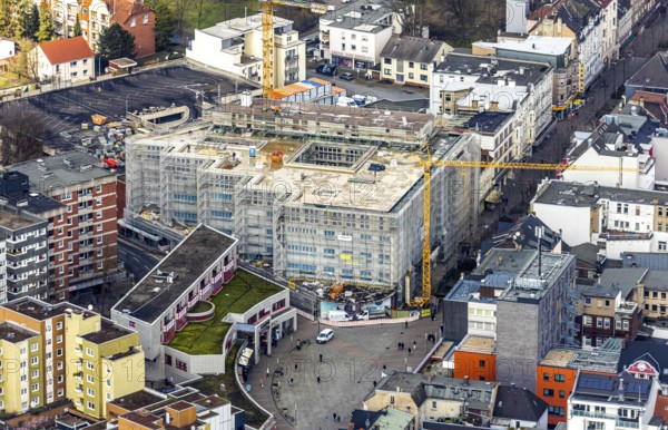 Aerial view, conversion of the old Kartstadt building, under the title Neue Höfe Herne, space for offices, catering, retail and fitness companies, Herne, Ruhr area, North Rhine-Westphalia, Germany, DE, Europe, birds-eyes, view, aerial view, aerial photography, aerial photography, overview, bird's eye view, shopping, supply, food, clothing, products, office, service, workplaces, fitness, sport, movement, mobility, training