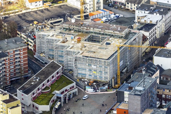 Aerial view, conversion of the old Kartstadt building, under the title Neue Höfe Herne, space for offices, catering, retail and fitness companies, Herne, Ruhr area, North Rhine-Westphalia, Germany, DE, Europe, birds-eyes, view, aerial view, aerial photography, aerial photography, overview, bird's eye view, shopping, supply, food, clothing, products, office, service, workplaces, fitness, sport, movement, mobility, training