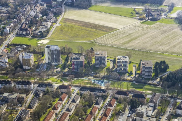 Aerial view, farmland between Wiescherstraße, Hölkeskampring and Am Düngelbruch, Herne, Ruhr area, North Rhine-Westphalia, Germany, DE, Europe, birds-eyes, view, aerial photograph, aerial photography, aerial photography, overview, overview, bird's eye view