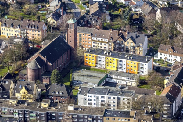 Aerial view, Catholic parish church of St Elisabeth belonging to St Dionysius, Herne, Ruhr area, North Rhine-Westphalia, Germany, DE, Europe, birds-eyes, view, aerial photograph, aerial photography, aerial photography, overview, overview, bird's eye view, place of worship, religion, faith, service, mass