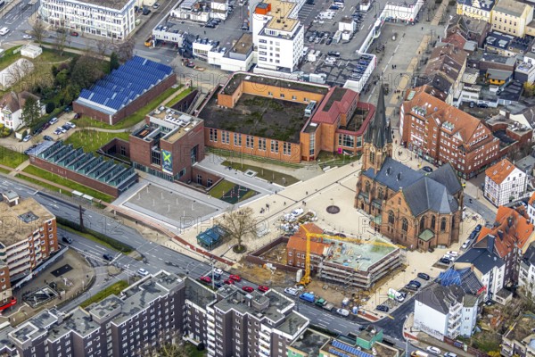 Aerial view, construction site of the new parish hall of the Kreuz-Kirchengemeinde next to the evangelical Kreuzkirche and the YMCA house, Herne, Ruhr area, North Rhine-Westphalia, Germany, DE, Europe, birds-eyes, view, aerial photography, aerial photography, overview, overview, bird's eye view, Christian, association, young, people, youth, community, house of God, religion, faith, worship, mass, parish, community, social, institution