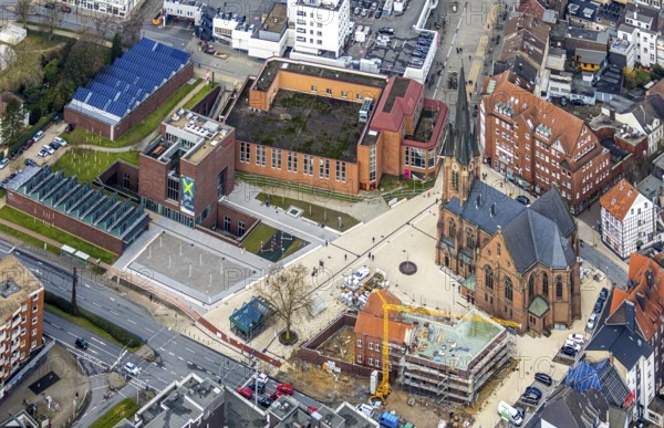 Aerial view, construction site of the new parish hall of the Kreuz-Kirchengemeinde next to the evangelical Kreuzkirche and the YMCA house, Herne, Ruhr area, North Rhine-Westphalia, Germany, DE, Europe, birds-eyes, view, aerial photography, aerial photography, overview, overview, bird's eye view, Christian, association, young, people, youth, community, house of God, religion, faith, worship, mass, parish, community, social, institution