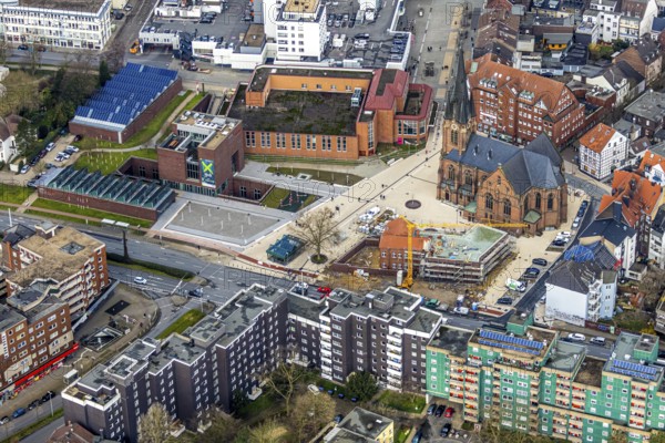 Aerial view, construction site of the new parish hall of the Kreuz-Kirchengemeinde next to the evangelical Kreuzkirche and the YMCA house, Herne, Ruhr area, North Rhine-Westphalia, Germany, DE, Europe, birds-eyes, view, aerial photography, aerial photography, overview, overview, bird's eye view, Christian, association, young, people, youth, community, house of God, religion, faith, worship, mass, parish, community, social, institution