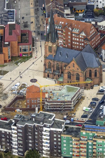 Aerial view, construction site of the new parish hall of the Kreuz-Kirchengemeinde next to the evangelical Kreuzkirche and the YMCA house, Herne, Ruhr area, North Rhine-Westphalia, Germany, DE, Europe, birds-eyes, view, aerial photography, aerial photography, overview, overview, bird's eye view, Christian, association, young, people, youth, community, house of God, religion, faith, worship, mass, parish, community, social, institution