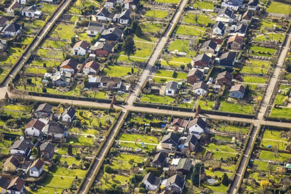 Aerial view, allotment gardens of the allotment garden association Herne Süd, Herne, Ruhr area, North Rhine-Westphalia, Germany, DE, Europe, birds-eyes, view, aerial view, aerial photography, aerial photography, overview, bird's eye view, garden, plants, flowers, fruits, useful plants, fruit, vegetables, recreation, leisure, nature