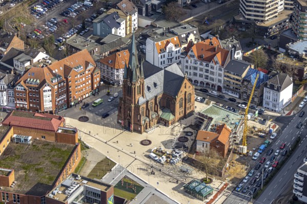 Aerial view, construction site of the new parish hall of the Kreuz-Kirchengemeinde next to the evangelical Kreuzkirche and the YMCA house, Herne, Ruhr area, North Rhine-Westphalia, Germany, DE, Europe, birds-eyes, view, aerial photography, aerial photography, overview, overview, bird's eye view, Christian, association, young, people, youth, community, house of God, religion, faith, worship, mass, parish, community, social, institution