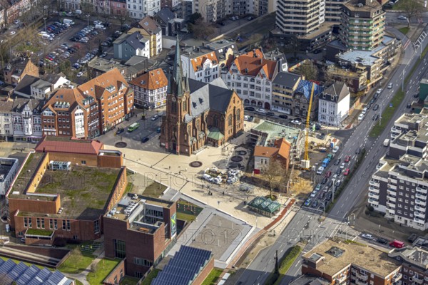 Aerial view, construction site of the new parish hall of the Kreuz-Kirchengemeinde next to the evangelical Kreuzkirche and the YMCA house, Herne, Ruhr area, North Rhine-Westphalia, Germany, DE, Europe, birds-eyes, view, aerial photography, aerial photography, overview, overview, bird's eye view, Christian, association, young, people, youth, community, house of God, religion, faith, worship, mass, parish, community, social, institution