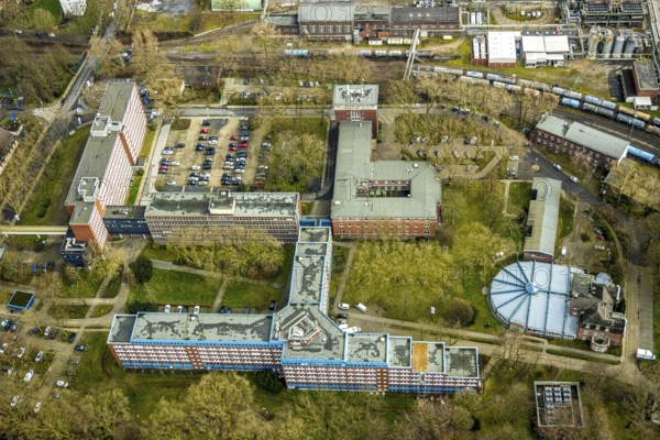 Aerial view, Shamrock Park on which a future centre with two 17-storey high-rise buildings is planned to provide space for start-ups, innovative research and educational units, Herne, Ruhr area, North Rhine-Westphalia, Germany, DE, Europe, birds-eyes, view, aerial view, aerial photography, aerial photography, overview, overview, bird's eye view, office, service, workplaces, research, development, science, technology, education