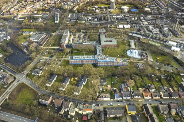 Aerial view, Shamrock Park on which a future centre with two 17-storey high-rise buildings is planned to provide space for start-ups, innovative research and educational units, Herne, Ruhr area, North Rhine-Westphalia, Germany, DE, Europe, birds-eyes, view, aerial view, aerial photography, aerial photography, overview, overview, bird's eye view, office, service, workplaces, research, development, science, technology, education