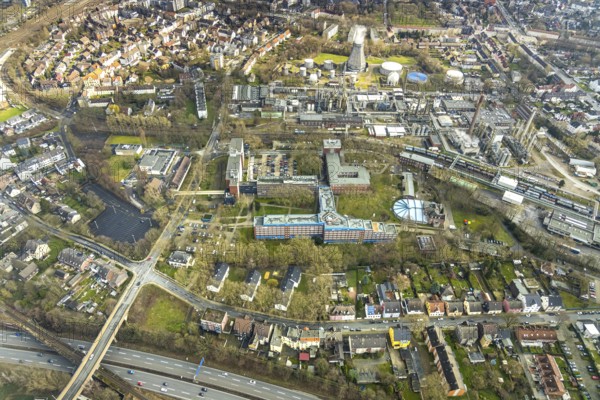 Aerial view, Shamrock Park on which a future centre with two 17-storey high-rise buildings is planned to provide space for start-ups, innovative research and educational units, Herne, Ruhr area, North Rhine-Westphalia, Germany, DE, Europe, birds-eyes, view, aerial view, aerial photography, aerial photography, overview, overview, bird's eye view, office, service, workplaces, research, development, science, technology, education