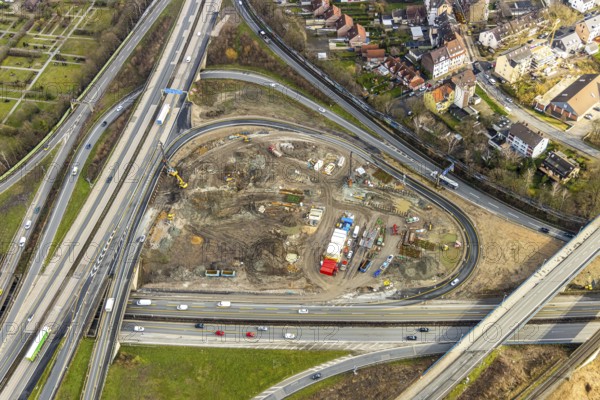 Aerial photo, motorway junction 21 Herne, intersection of the A42 and A43 motorways, new construction of a 550m long tunnel in so-called open construction method to be completed in 2022, Herne, Ruhr area, North Rhine-Westphalia, Germany, DE, Europe, birds-eyes, view, aerial photo, aerial photography, aerial photography, overview, overview, bird's eye view, transport, traffic, infrastructure, logistics, road traffic, road construction, traffic routing, road traffic, railway line, railway network, transport system, train traffic, freight traffic, railway network