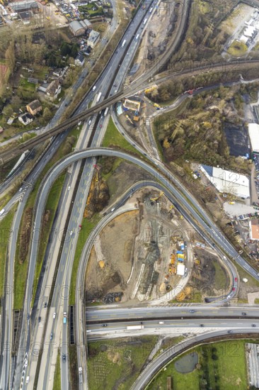 Aerial photo, motorway junction 21 Herne, intersection of the A42 and A43 motorways, new construction of a 550m long tunnel in so-called open construction method to be completed in 2022, Herne, Ruhr area, North Rhine-Westphalia, Germany, DE, Europe, birds-eyes, view, aerial photo, aerial photography, aerial photography, overview, overview, bird's eye view, transport, traffic, infrastructure, logistics, road traffic, road construction, traffic routing, road traffic, railway line, railway network, transport system, train traffic, freight traffic, railway network