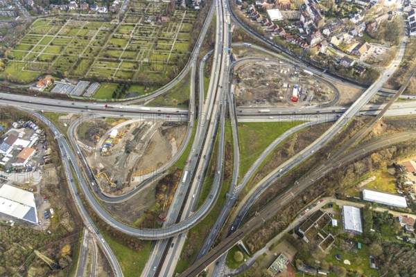 Aerial photo, motorway junction 21 Herne, intersection of the A42 and A43 motorways, new construction of a 550m long tunnel in so-called open construction method to be completed in 2022, Herne, Ruhr area, North Rhine-Westphalia, Germany, DE, Europe, birds-eyes, view, aerial photo, aerial photography, aerial photography, overview, overview, bird's eye view, transport, traffic, infrastructure, logistics, road traffic, road construction, traffic routing, road traffic, railway line, railway network, transport system, train traffic, freight traffic, railway network