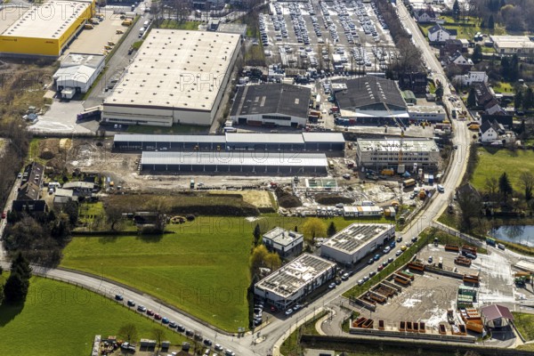 Aerial view, new construction of the municipal depot at the Meesmannstraße industrial estate, Herne, Ruhr area, North Rhine-Westphalia, Germany, DE, Europe, birds-eyes, view, aerial photography, aerial photography, overview, bird's eye view, depot, construction vehicles, industry, commerce, economy, commercial enterprise, production, trade