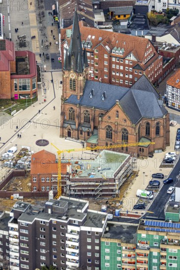 Aerial view, construction site of the new parish hall of the Kreuz-Kirchengemeinde next to the evangelical Kreuzkirche and the YMCA house, Herne, Ruhr area, North Rhine-Westphalia, Germany, DE, Europe, birds-eyes, view, aerial photography, aerial photography, overview, overview, bird's eye view, Christian, association, young, people, youth, community, house of God, religion, faith, worship, mass, parish, community, social, institution