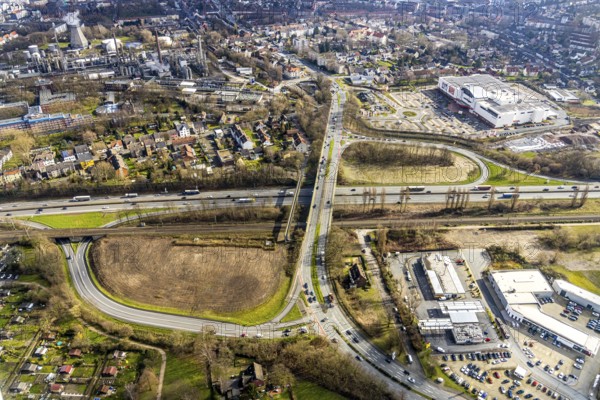 Aerial view, junction AS15 Herne-Eickel at the motorway A43 to Holsterhauser Straße, Herne, Ruhr area, North Rhine-Westphalia, Germany, DE, Europe, birds-eyes, view, aerial photograph, aerial photography, aerial photography, overview, overview, bird's eye view, transport, traffic, infrastructure, logistics, road traffic