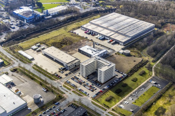 Aerial view, new job centre Herne, logistics centre Bio-Handleshaus Dennree, Herne, Ruhr area, North Rhine-Westphalia, Germany, DE, Europe, birds-eyes, view, aerial photography, aerial photography, overview, bird's eye view, job centre, employment agency, job applications, jobs, work, industry, trade, economy, commercial enterprise, production, trade