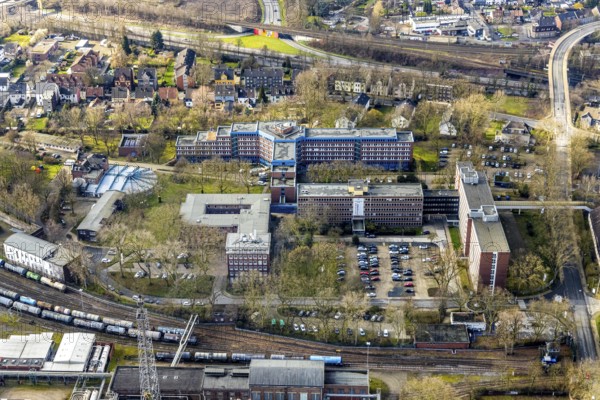 Aerial view, Shamrock Park on which a future centre with two 17-storey high-rise buildings is planned to provide space for start-ups, innovative research and educational units, Herne, Ruhr area, North Rhine-Westphalia, Germany, DE, Europe, birds-eyes, view, aerial view, aerial photography, aerial photography, overview, overview, bird's eye view, office, service, workplaces, research, development, science, technology, education