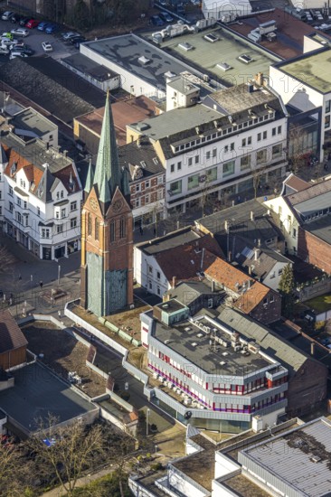 Aerial view, architectural monument tower of the old Bonifatius church integrated into a row of shops and the community centre, Herne, Ruhr area, North Rhine-Westphalia, Germany, DE, Europe, birds-eyes, view, aerial view, aerial photography, aerial photography, overview, overview, bird's eye view, old, building, monument, preservation, tradition