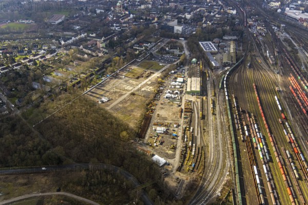 Aerial view, Heitkamp-Brache an der Landgrafenstraße / Langekampstraße, railway tracks freight yard / marshalling yard, company Eiffage Rail, Herne, Ruhr area, North Rhine-Westphalia, Germany, DE, Europe, birds-eyes, view, aerial photograph, aerial photography, aerial photography, overview, bird's eye view, former, industrial area, structural change, railway line, railway network, infrastructure, transport, train traffic, freight traffic, railway network