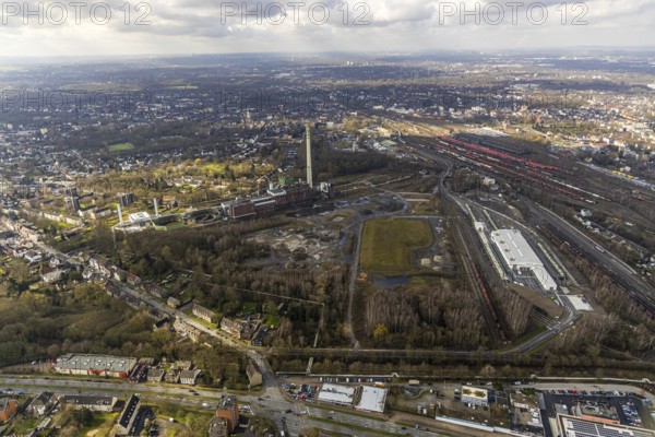 Aerial view, former Blumenthal colliery and disused Shamrock coal-fired power station, where the International Technology World is to be built, Herne, Ruhr area, North Rhine-Westphalia, Germany, DE, Europe, birds-eyes, view, aerial photograph, aerial photography, overview, bird's eye view, former, industrial site, structural change, research, development, science, technology, office, service, jobs