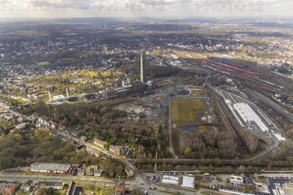 Aerial view, former Blumenthal colliery and disused Shamrock coal-fired power station, where the International Technology World is to be built, Herne, Ruhr area, North Rhine-Westphalia, Germany, DE, Europe, birds-eyes, view, aerial photograph, aerial photography, overview, bird's eye view, former, industrial site, structural change, research, development, science, technology, office, service, jobs