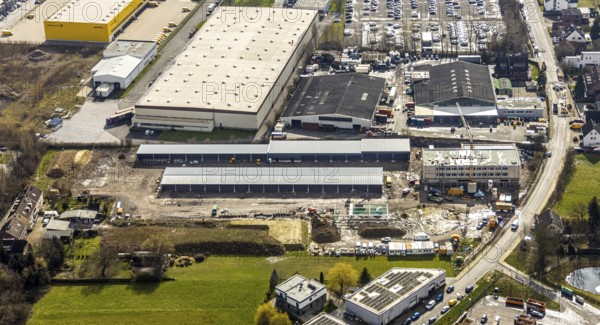 Aerial view, new construction of the municipal depot at the Meesmannstraße industrial estate, Herne, Ruhr area, North Rhine-Westphalia, Germany, DE, Europe, birds-eyes, view, aerial photography, aerial photography, overview, bird's eye view, depot, construction vehicles, industry, commerce, economy, commercial enterprise, production, trade