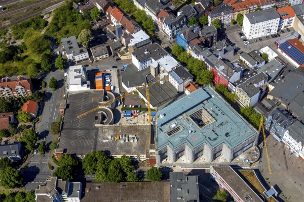 Aerial view, construction site Neue Höfe Herne, Q-Park Am Verweilplatz, Herne, Ruhr area, North Rhine-Westphalia, Germany, construction work, construction area, building site, building plots, construction project, construction site, office building, DE, Europe, capacity requirement, aerial view, aerial photography, aerial photography, overview, bird's-eye view, overview