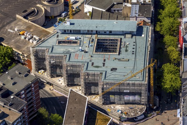 Aerial view, construction site Neue Höfe Herne, Herne, Ruhr area, North Rhine-Westphalia, Germany, construction work, construction area, construction site, building plots, construction project, construction site, office building, DE, Europe, capacity requirement, aerial photograph, aerial photography, aerial photography, overview, bird's eye view, birds-eyes view, former Hertie building, green forest, overview