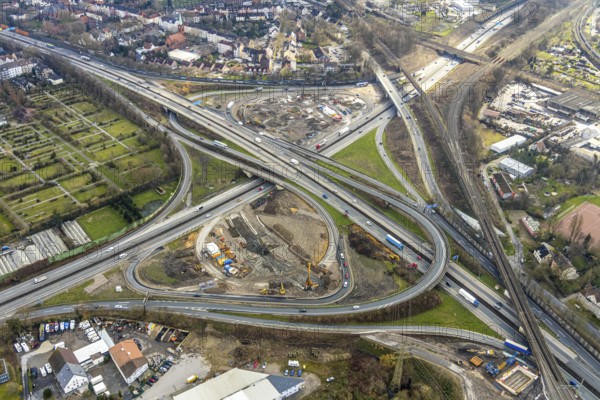 Aerial view, motorway junction 21 Herne, intersection of the A42 and A43 motorways, new construction of a 550m long tunnel in so-called open construction method to be completed in 2022, Herne, Ruhr area, North Rhine-Westphalia, Germany, DE, Europe, birds-eyes, view, aerial photograph, aerial photography, aerial photography, overview, overview, bird's eye view, transport, traffic, infrastructure, logistics, road traffic, road construction, traffic routing, road traffic, railway line, railway network, transport system, train traffic, freight traffic, railway network