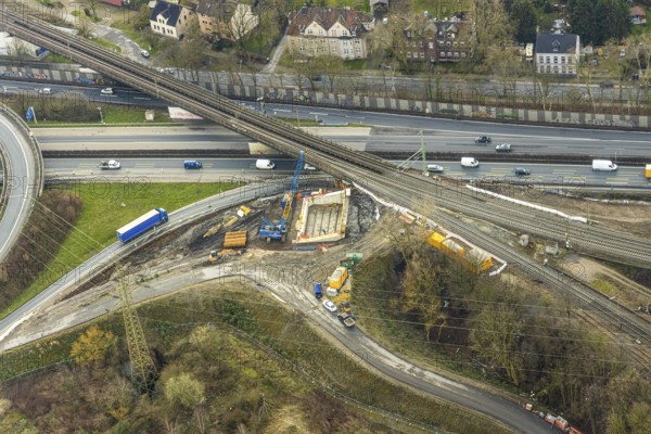 Aerial view, motorway junction 21 Herne, intersection of the A42 and A43 motorways, new construction of a 550m long tunnel in so-called open construction method to be completed in 2022, Herne, Ruhr area, North Rhine-Westphalia, Germany, DE, Europe, birds-eyes, view, aerial photograph, aerial photography, aerial photography, overview, overview, bird's eye view, transport, traffic, infrastructure, logistics, road traffic, road construction, traffic routing, road traffic, railway line, railway network, transport system, train traffic, freight traffic, railway network