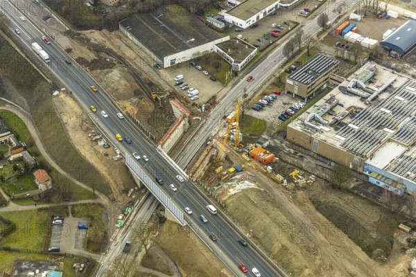 Aerial view, motorway junction 21 Herne, intersection of the A42 and A43 motorways, new construction of a 550m long tunnel in so-called open construction method to be completed in 2022, Herne, Ruhr area, North Rhine-Westphalia, Germany, DE, Europe, birds-eyes, view, aerial photograph, aerial photography, aerial photography, overview, overview, bird's eye view, transport, traffic, infrastructure, logistics, road traffic, road construction, traffic routing, road traffic, railway line, railway network, transport system, train traffic, freight traffic, railway network