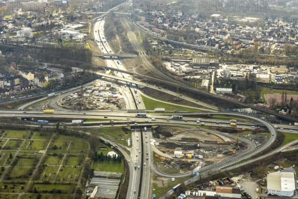 Aerial view, motorway junction 21 Herne, intersection of the A42 and A43 motorways, new construction of a 550m long tunnel in so-called open construction method to be completed in 2022, Herne, Ruhr area, North Rhine-Westphalia, Germany, DE, Europe, birds-eyes, view, aerial photograph, aerial photography, aerial photography, overview, overview, bird's eye view, transport, traffic, infrastructure, logistics, road traffic, road construction, traffic routing, road traffic, railway line, railway network, transport system, train traffic, freight traffic, railway network